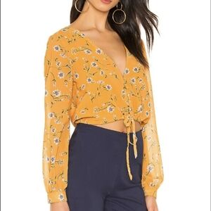 Superdown Revolve Selena Tie Front Top Marigold Yellow Floral Boho Blouse